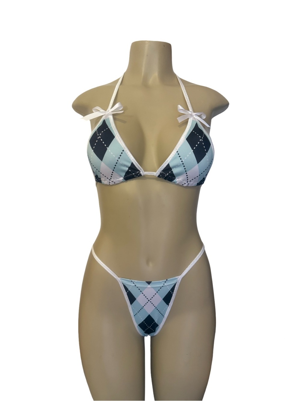Argyle Print Triangle Bikini Set - preppy golf thong